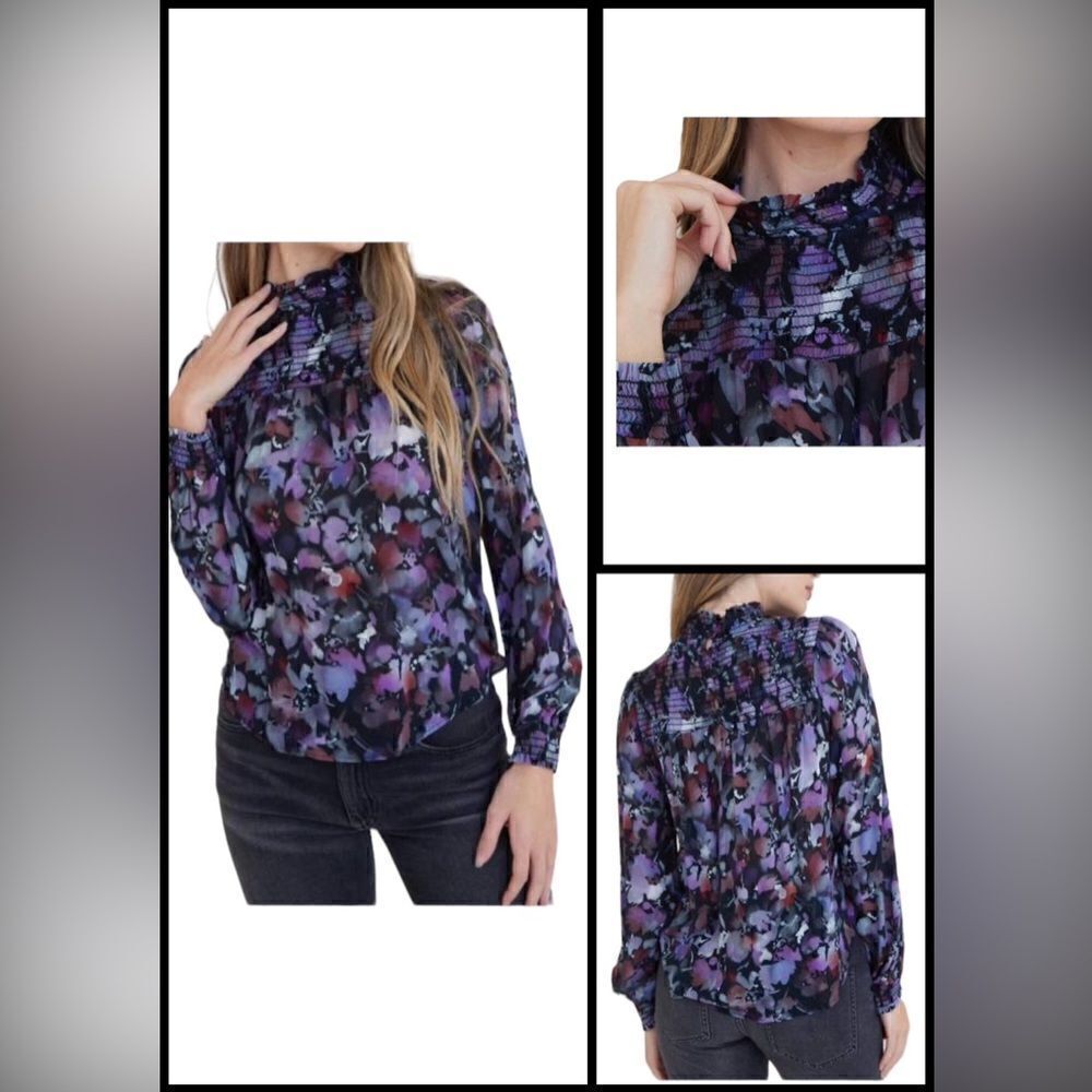 Bella Dahl Black & Purple Floral Print Louise Long Sleeve Blouse Top